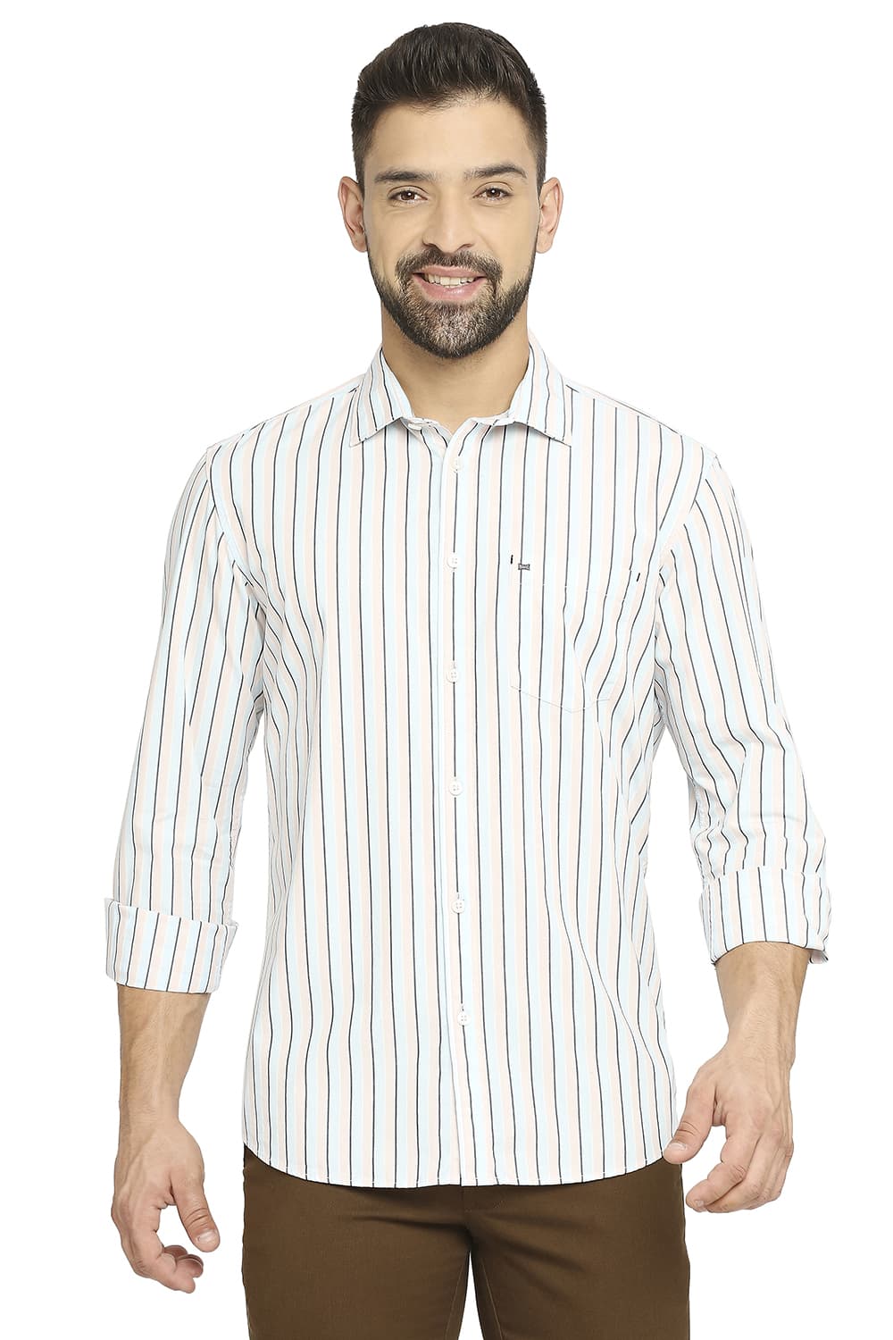 BASICS SLIM FIT COTTON POLYESTER STRIPE SHIRT