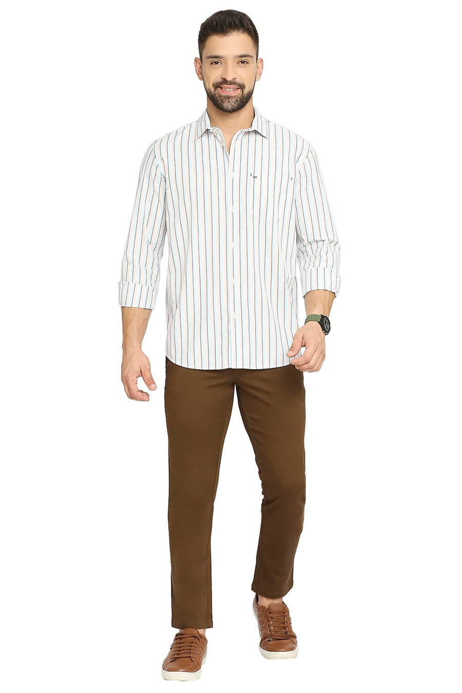 BASICS SLIM FIT CORYDALIS BLUE COTTON POLYESTER STRIPE SHIRT
