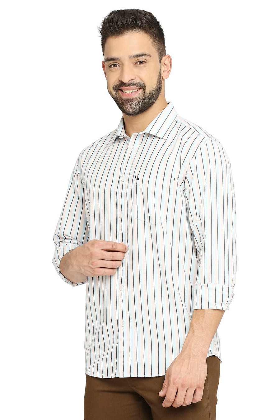 BASICS SLIM FIT CORYDALIS BLUE COTTON POLYESTER STRIPE SHIRT