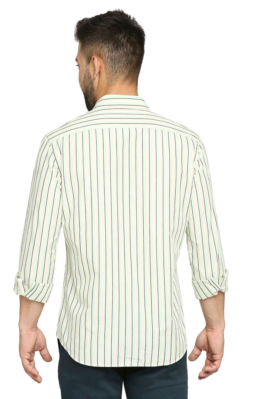 BASICS SLIM FIT SPRAY GREEN COTTON POLYESTER STRIPE SHIRT