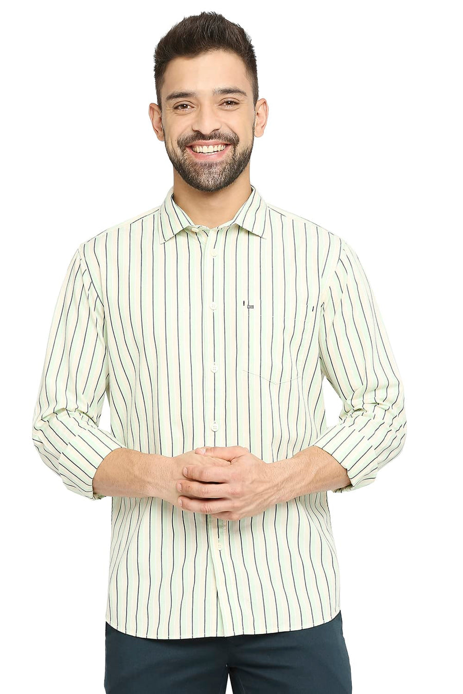 BASICS SLIM FIT SPRAY GREEN COTTON POLYESTER STRIPE SHIRT