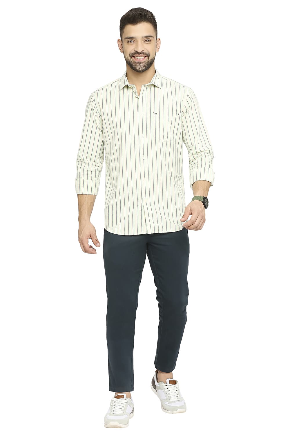 BASICS SLIM FIT COTTON POLYESTER STRIPE SHIRT