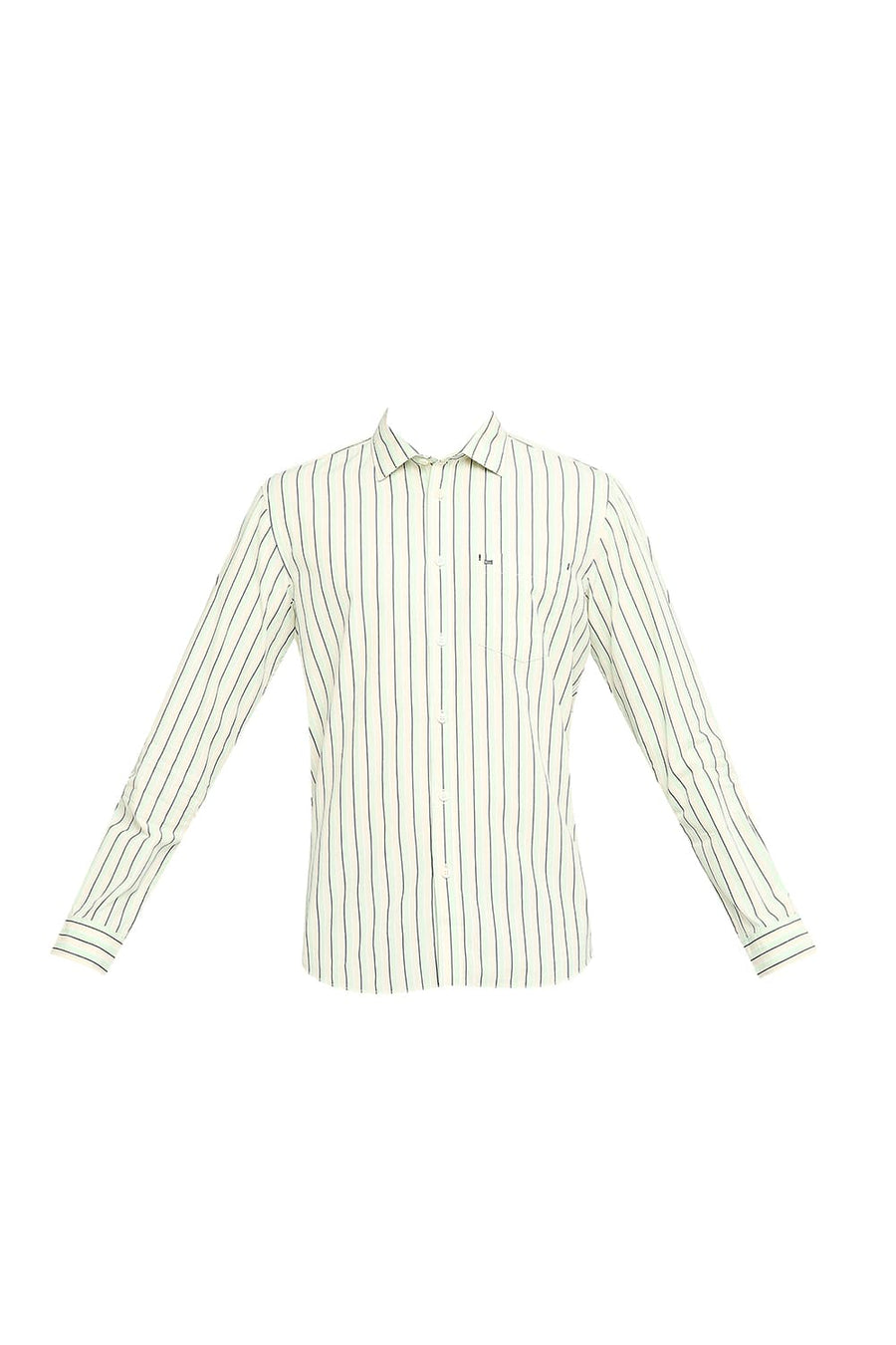 BASICS SLIM FIT SPRAY GREEN COTTON POLYESTER STRIPE SHIRT