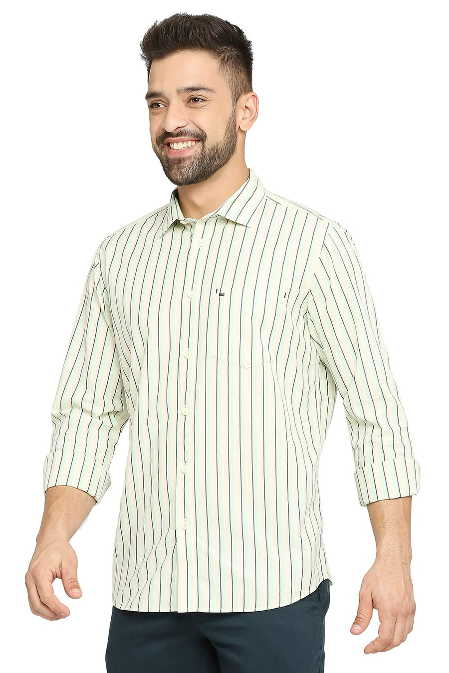BASICS SLIM FIT SPRAY GREEN COTTON POLYESTER STRIPE SHIRT