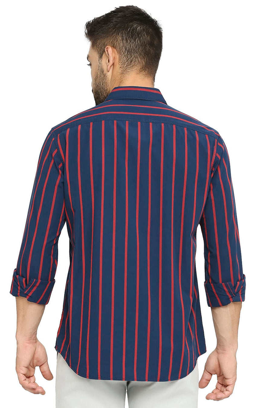 BASICS SLIM FIT NAVY SAPPHIRE COTTON POLYESTER STRIPE SHIRT