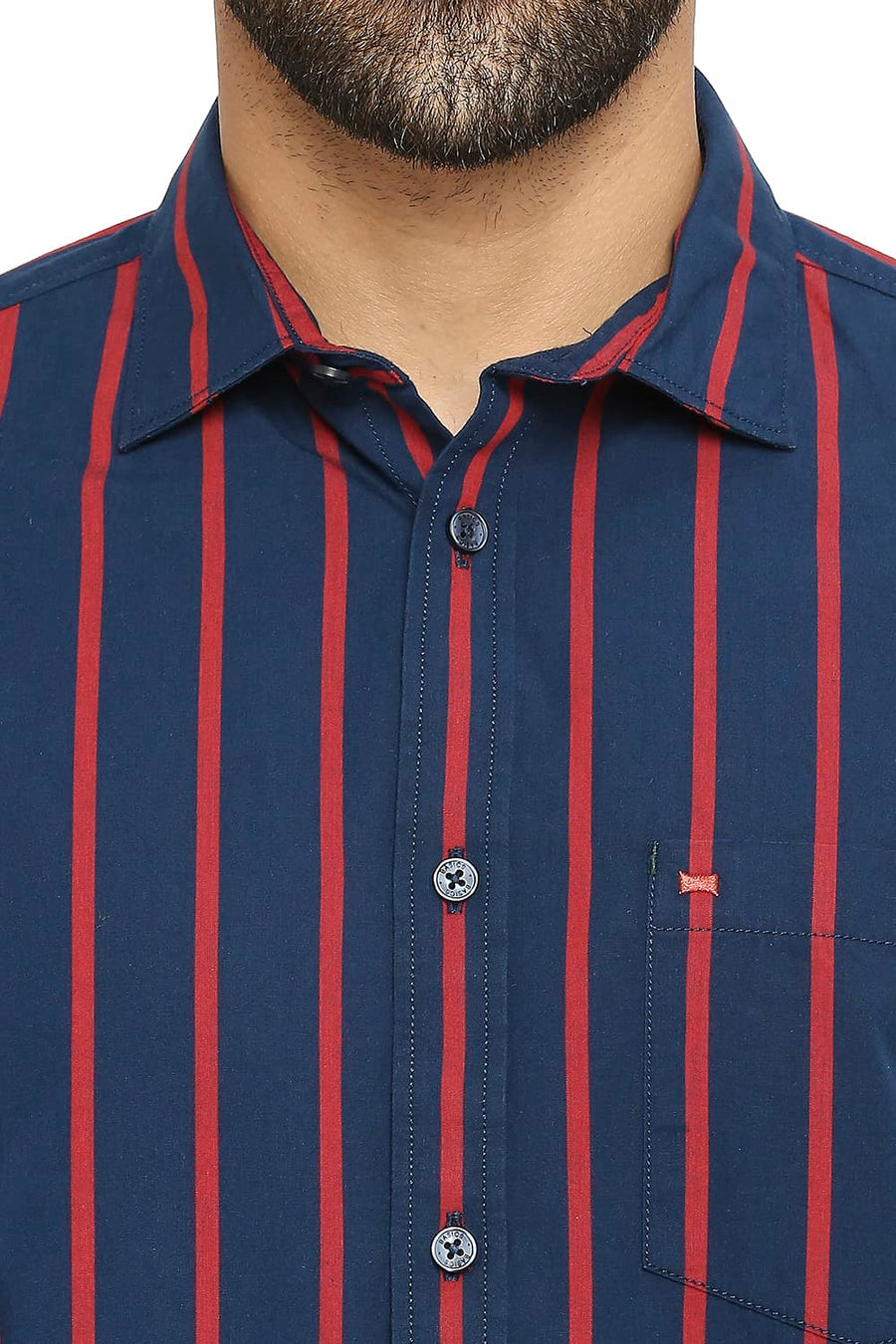 BASICS SLIM FIT NAVY SAPPHIRE COTTON POLYESTER STRIPE SHIRT