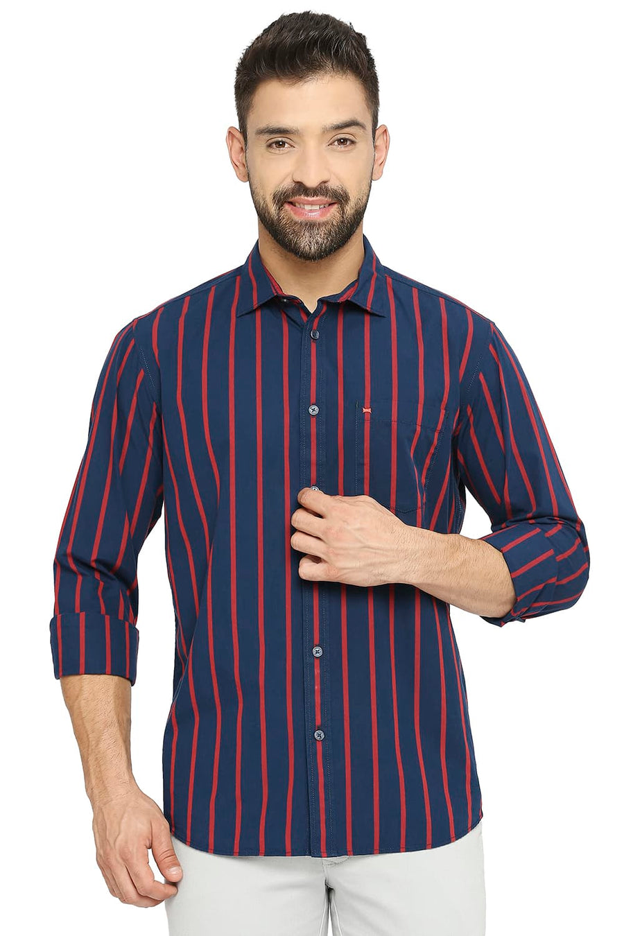BASICS SLIM FIT NAVY SAPPHIRE COTTON POLYESTER STRIPE SHIRT