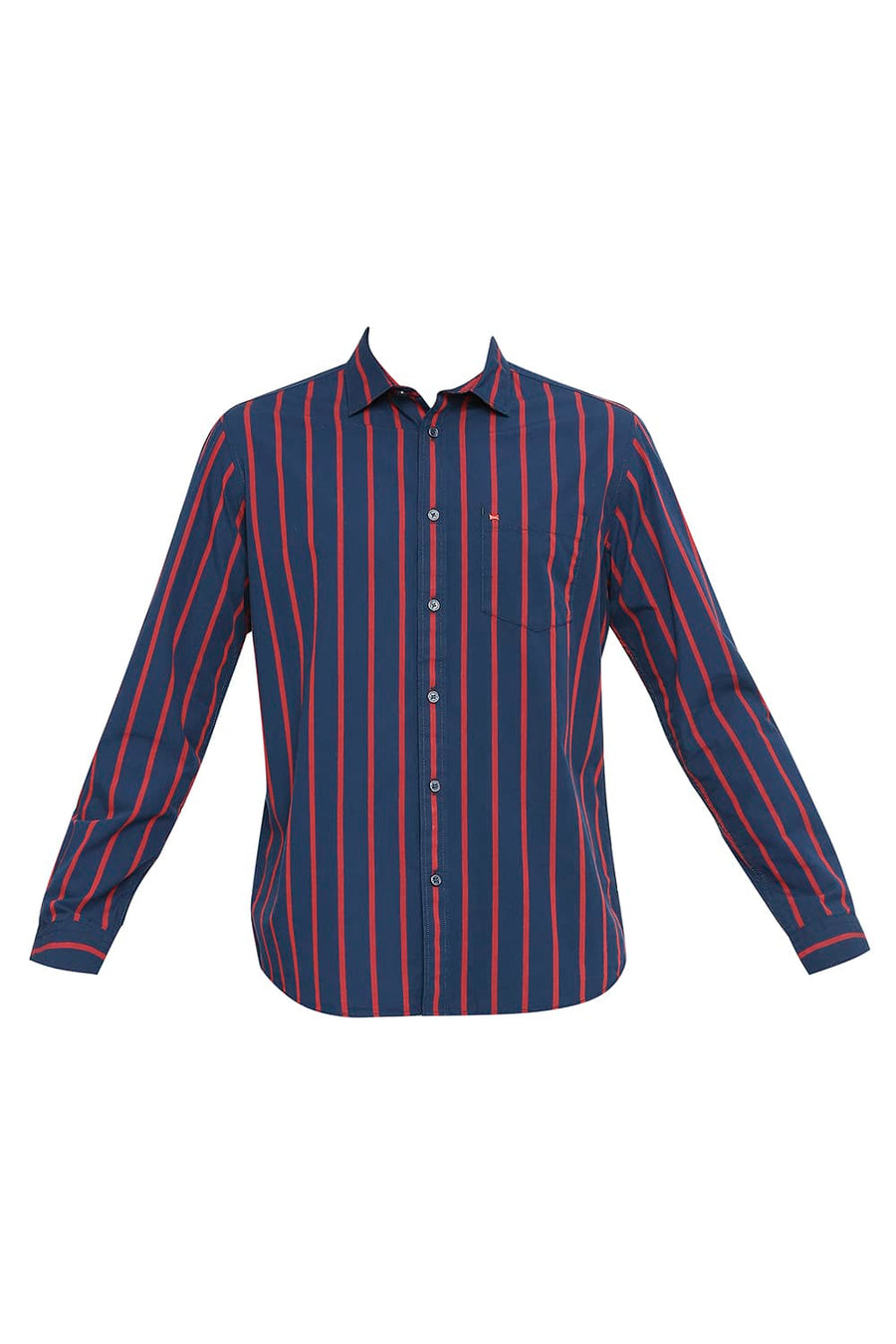 BASICS SLIM FIT NAVY SAPPHIRE COTTON POLYESTER STRIPE SHIRT