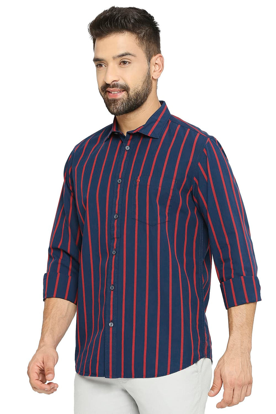 BASICS SLIM FIT NAVY SAPPHIRE COTTON POLYESTER STRIPE SHIRT