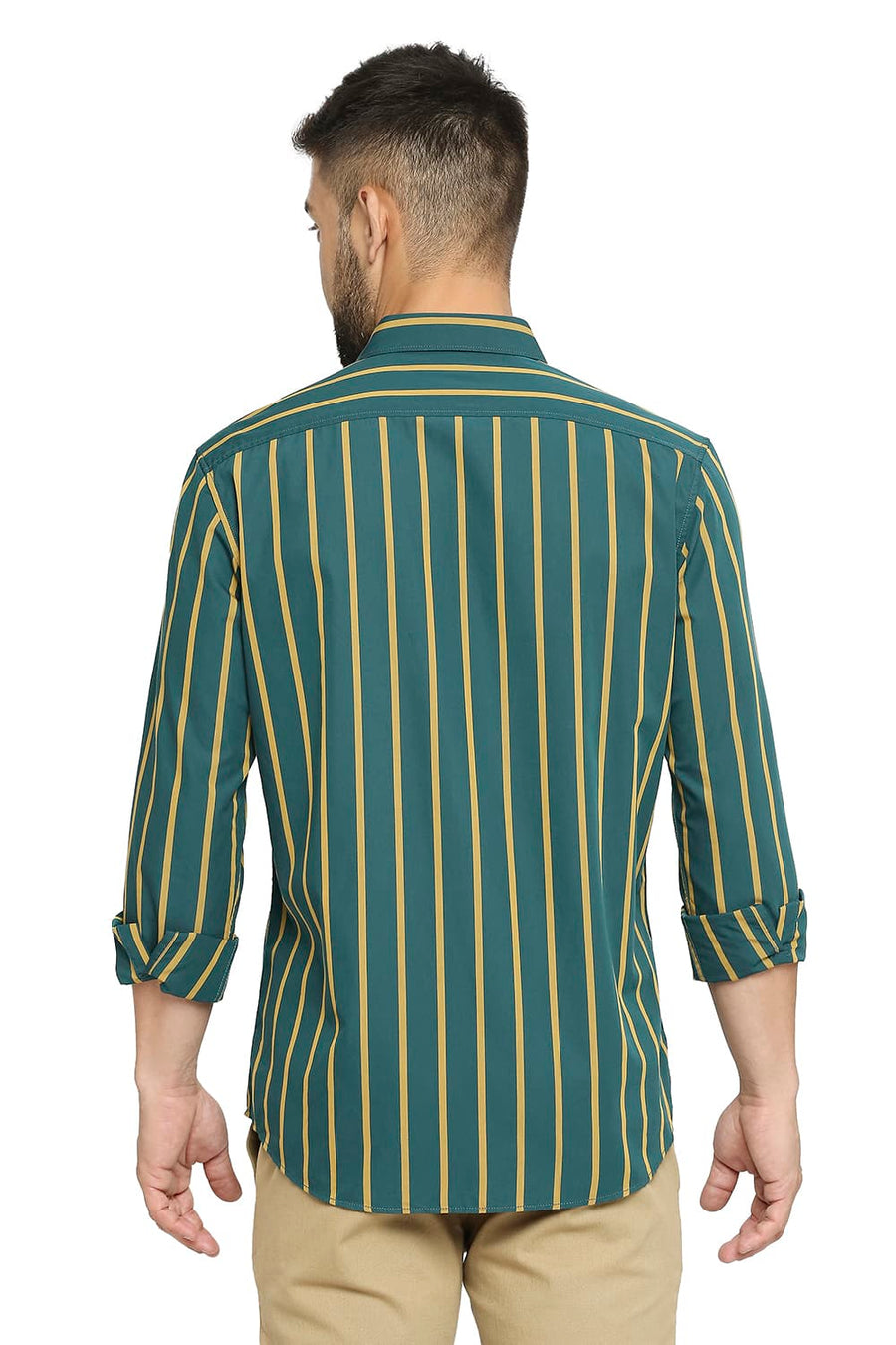 BASICS SLIM FIT ALPINE GREEN COTTON POLYESTER STRIPE SHIRT