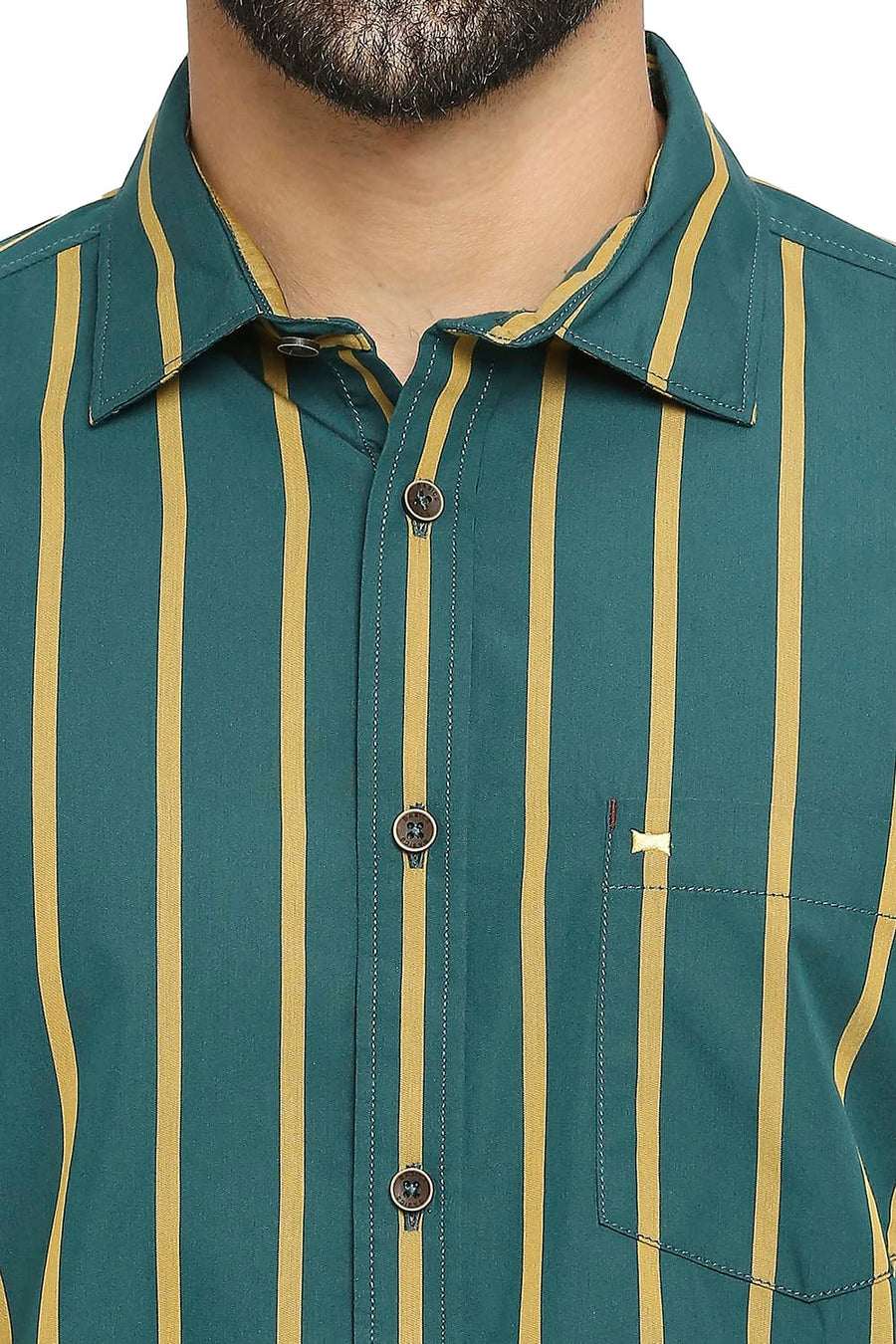 BASICS SLIM FIT ALPINE GREEN COTTON POLYESTER STRIPE SHIRT