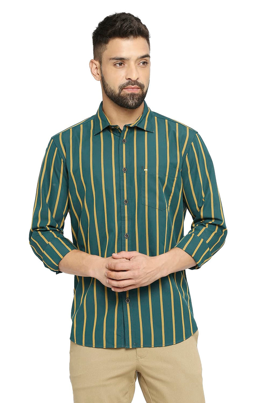 BASICS SLIM FIT ALPINE GREEN COTTON POLYESTER STRIPE SHIRT