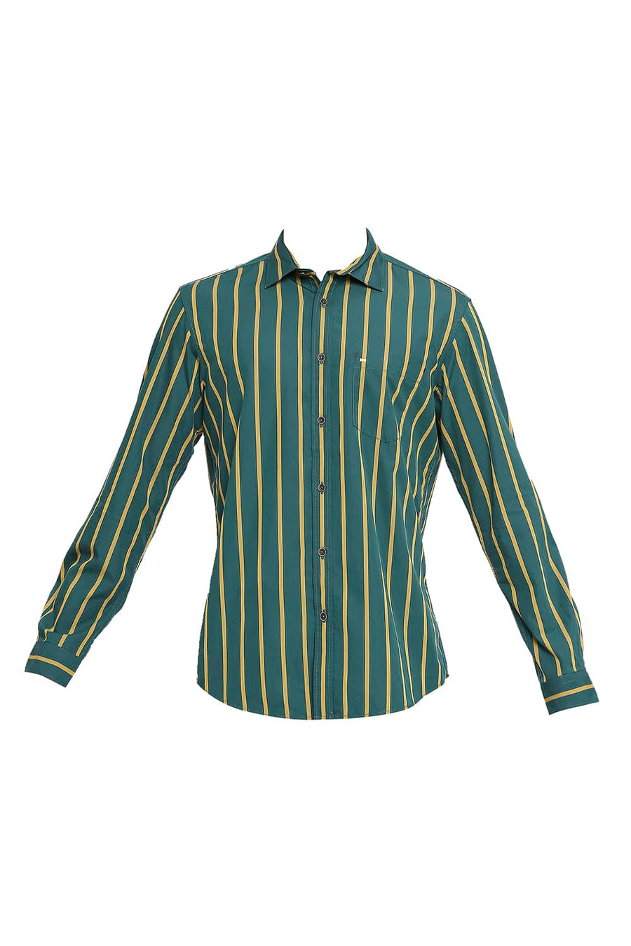 BASICS SLIM FIT ALPINE GREEN COTTON POLYESTER STRIPE SHIRT