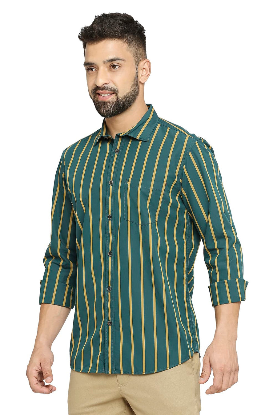 BASICS SLIM FIT ALPINE GREEN COTTON POLYESTER STRIPE SHIRT