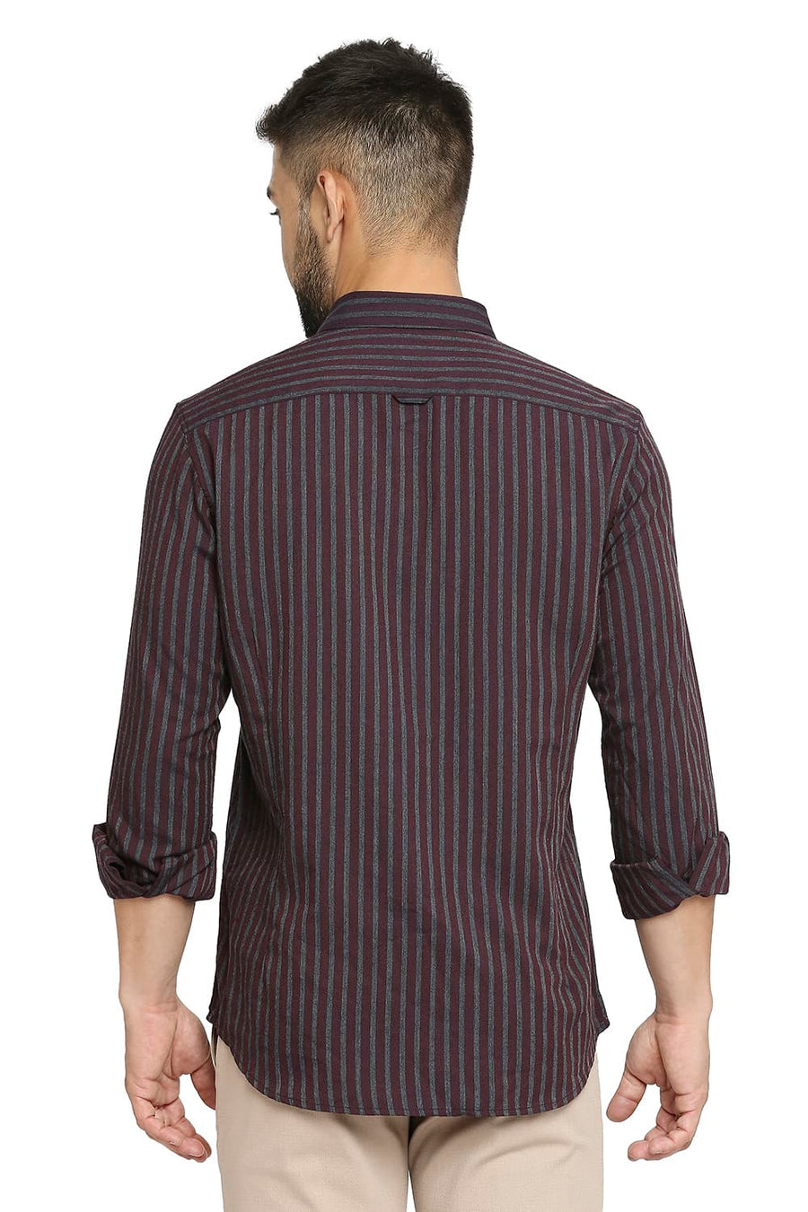 BASICS SLIM FIT PORT MAROON POLYESTER VISCOSE STRIPE SHIRT