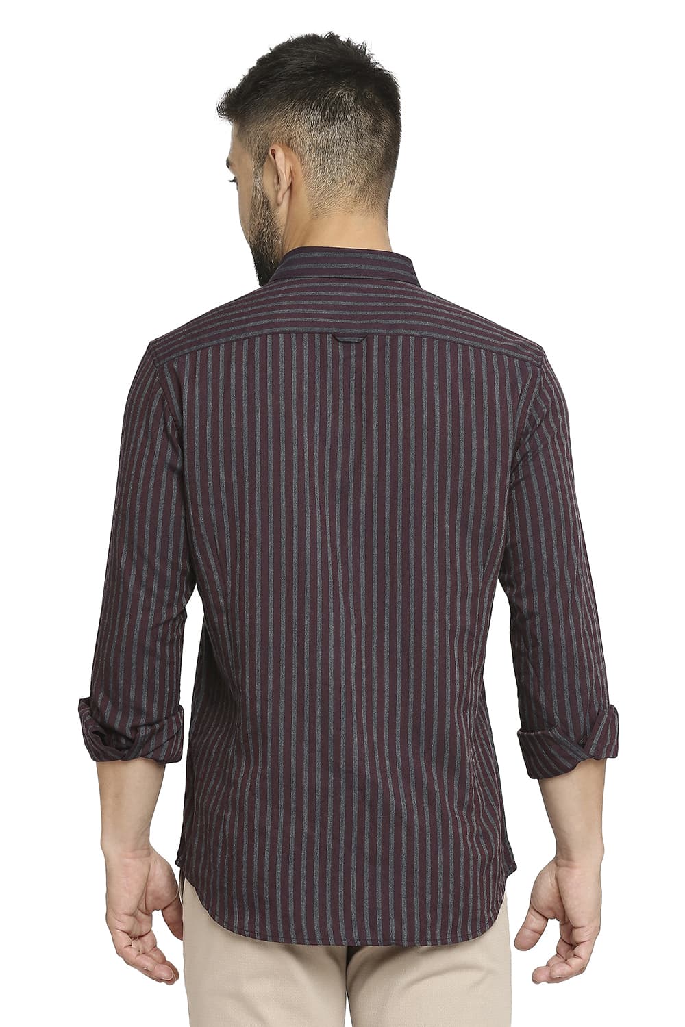 BASICS SLIM FIT POLYESTER VISCOSE STRIPE SHIRT