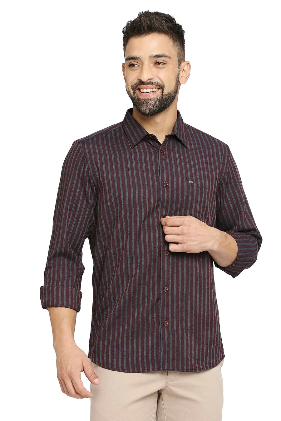 BASICS SLIM FIT PORT MAROON POLYESTER VISCOSE STRIPE SHIRT