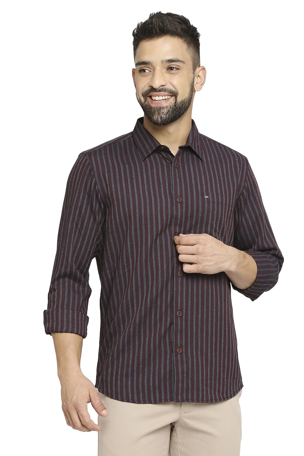 BASICS SLIM FIT POLYESTER VISCOSE STRIPE SHIRT