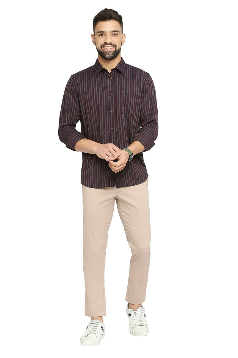 BASICS SLIM FIT POLYESTER VISCOSE STRIPE SHIRT