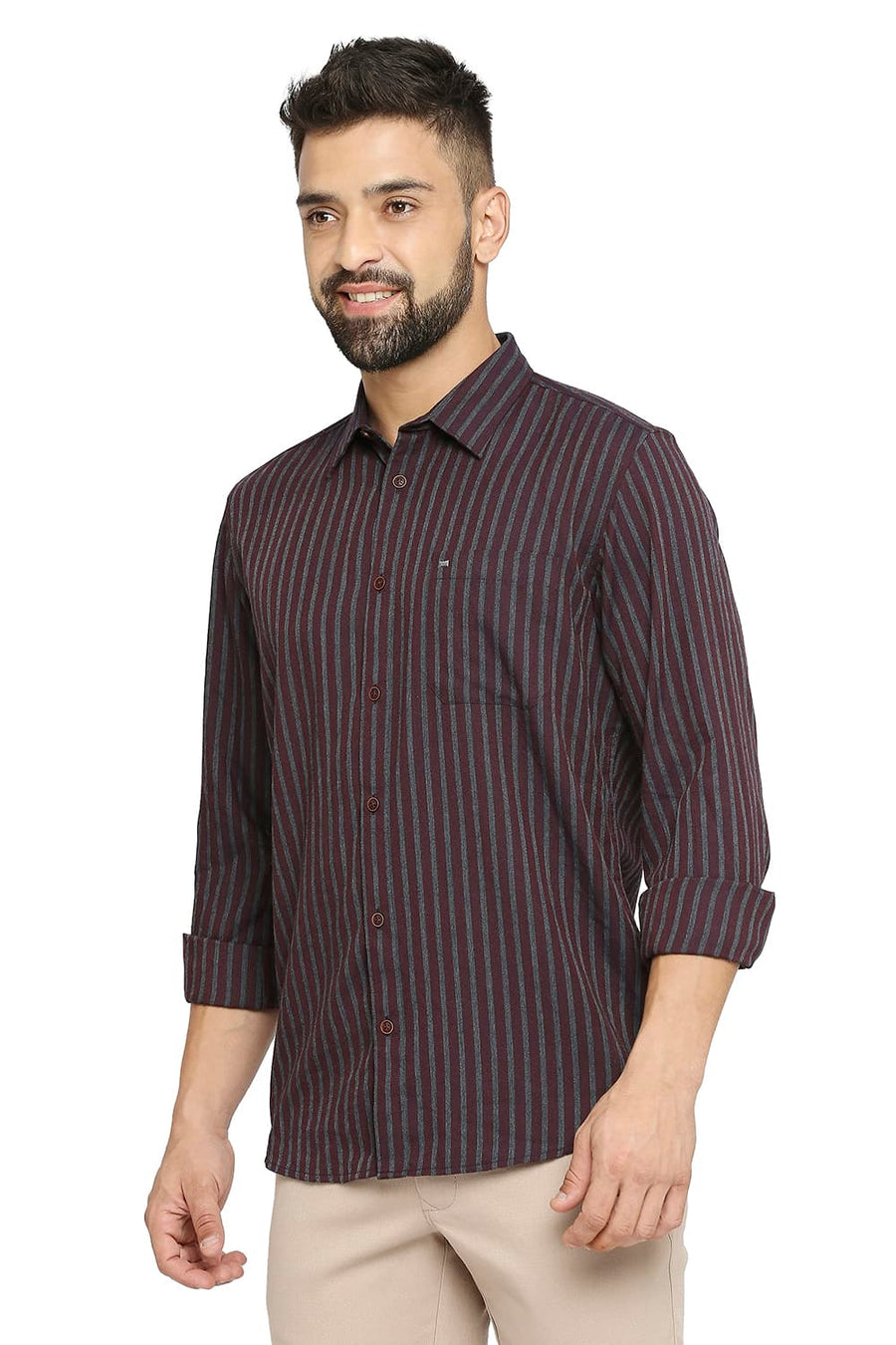 BASICS SLIM FIT PORT MAROON POLYESTER VISCOSE STRIPE SHIRT