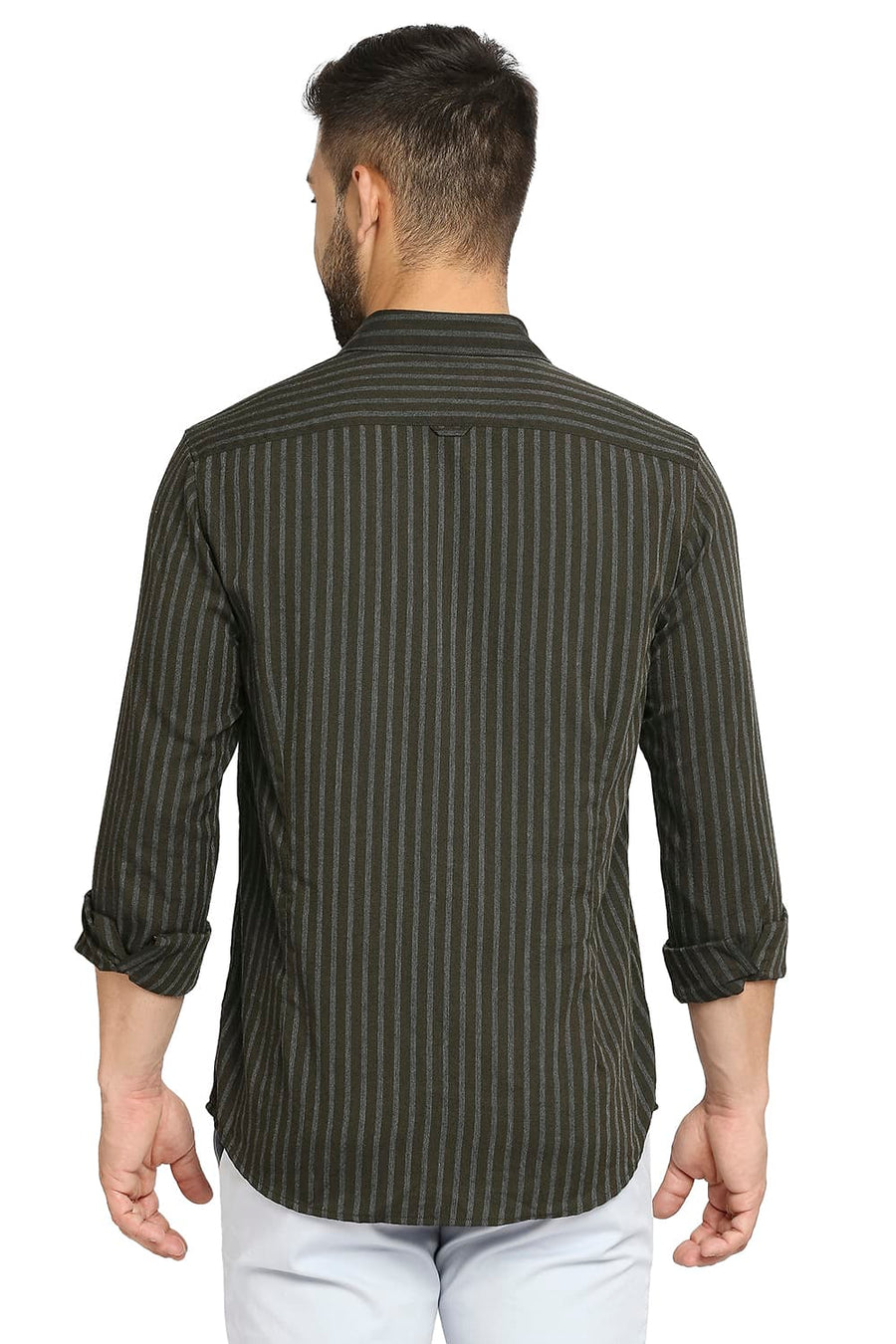 BASICS SLIM FIT ROSIN OLIVE POLYESTER VISCOSE STRIPE SHIRT