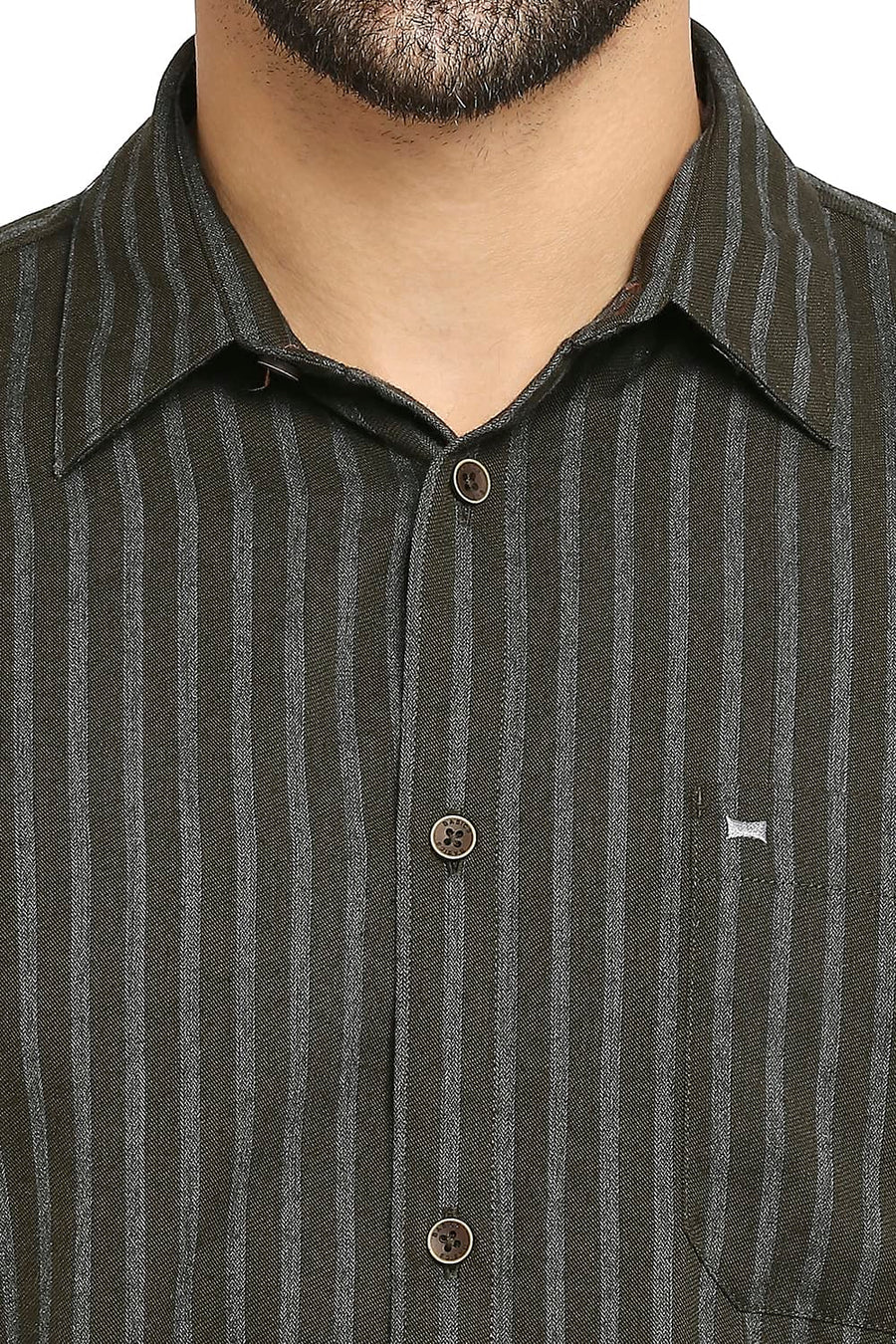 BASICS SLIM FIT ROSIN OLIVE POLYESTER VISCOSE STRIPE SHIRT