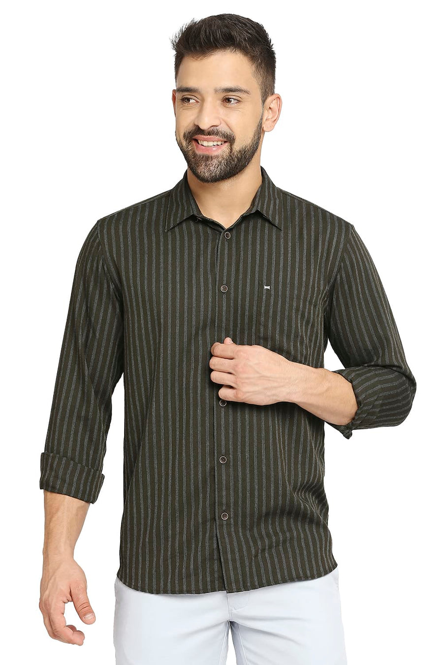 BASICS SLIM FIT ROSIN OLIVE POLYESTER VISCOSE STRIPE SHIRT