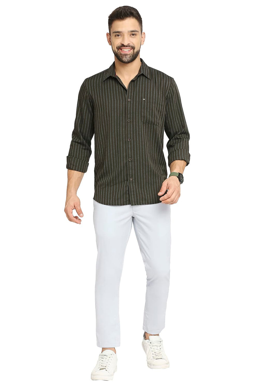 BASICS SLIM FIT ROSIN OLIVE POLYESTER VISCOSE STRIPE SHIRT