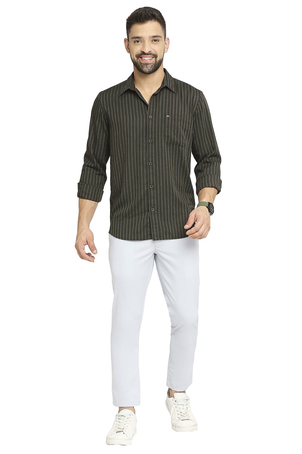 BASICS SLIM FIT POLYESTER VISCOSE STRIPE SHIRT