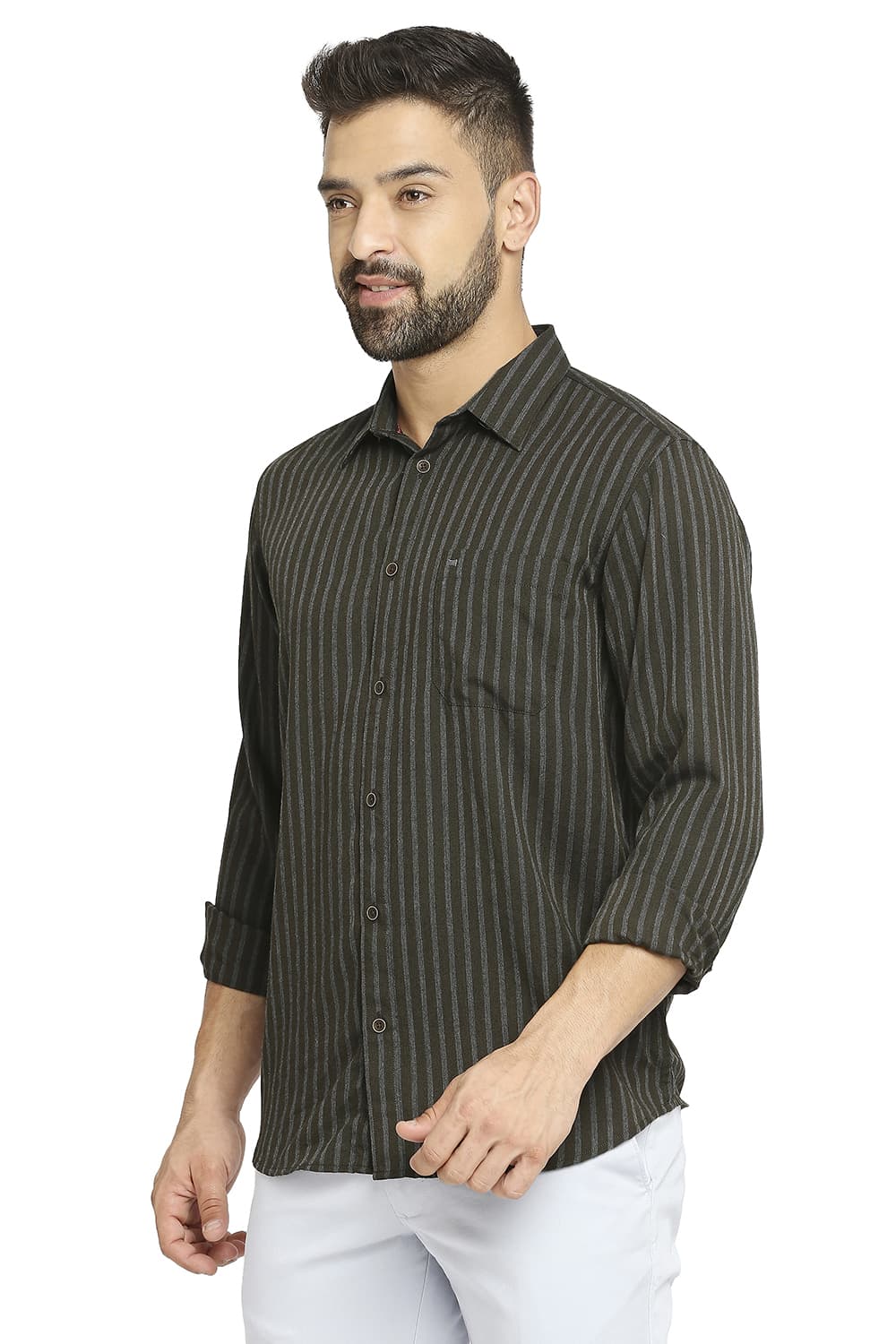 BASICS SLIM FIT POLYESTER VISCOSE STRIPE SHIRT