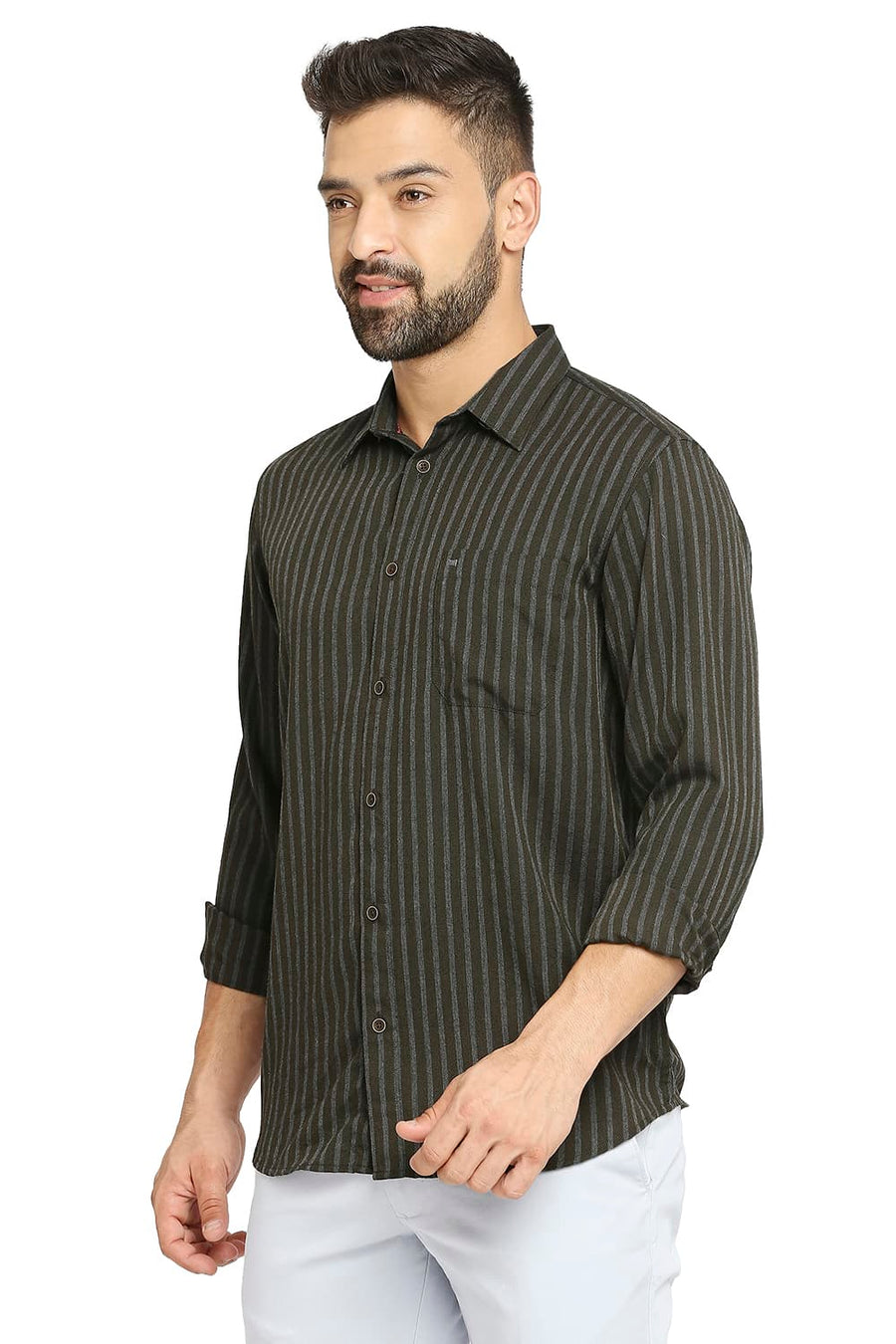 BASICS SLIM FIT ROSIN OLIVE POLYESTER VISCOSE STRIPE SHIRT