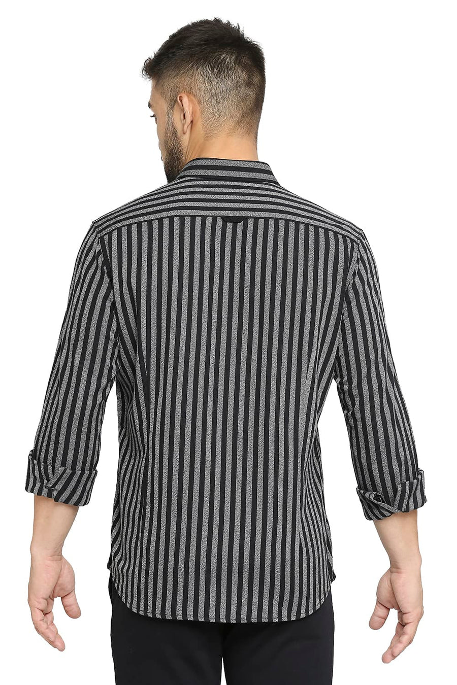 BASICS SLIM FIT METEORITE BLACK COTTON STRIPE SHIRT