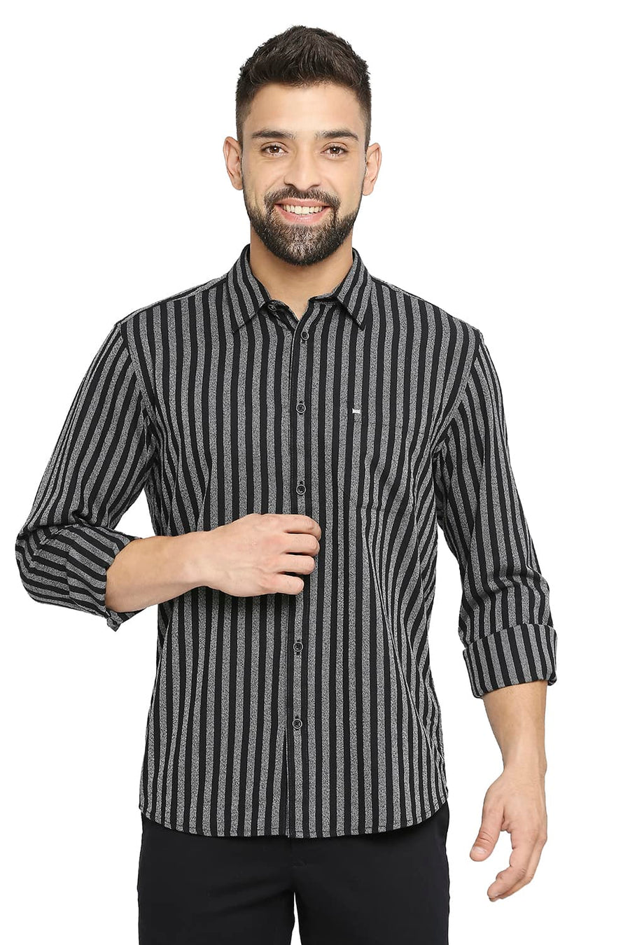 BASICS SLIM FIT METEORITE BLACK COTTON STRIPE SHIRT