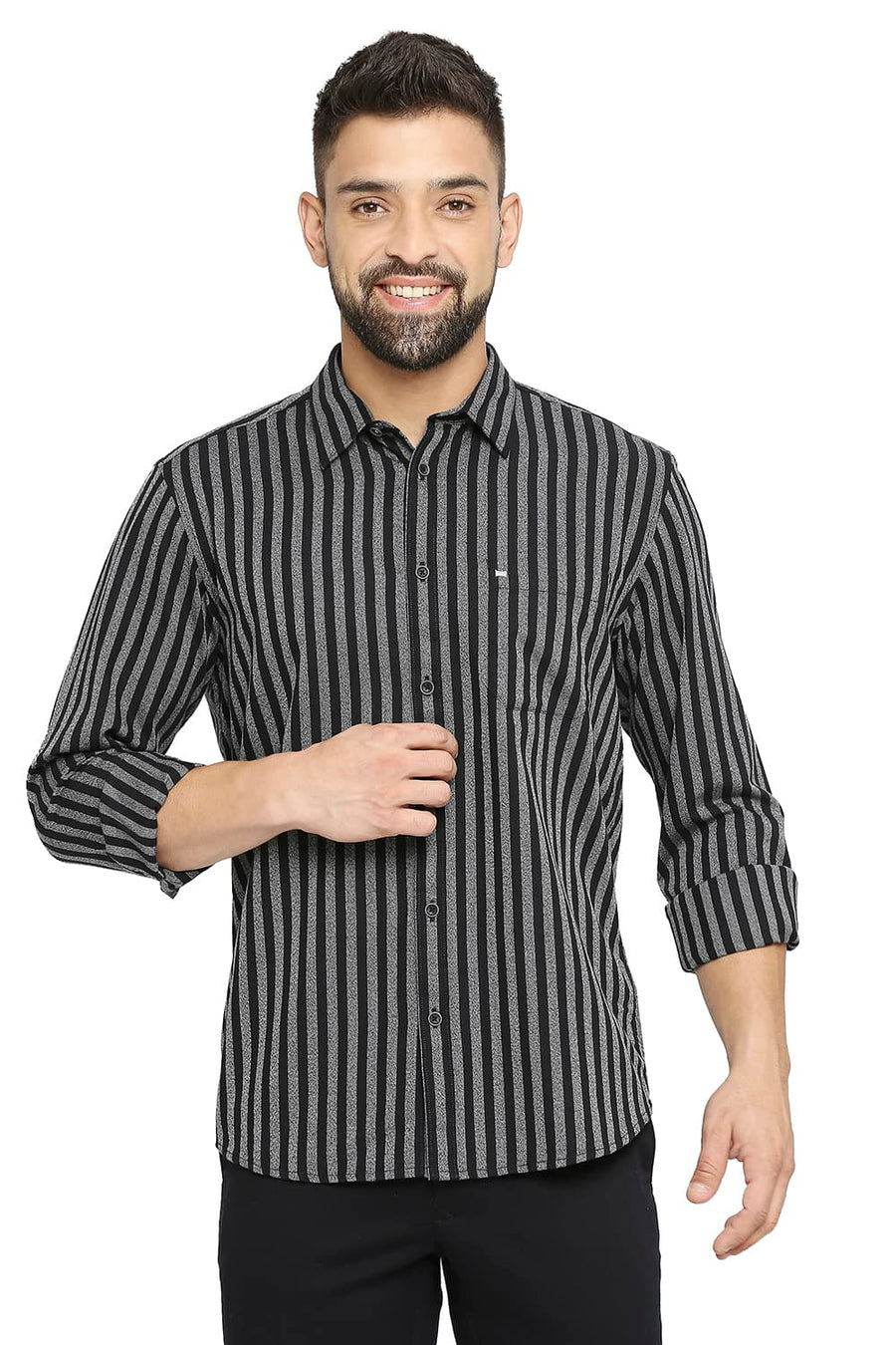 BASICS SLIM FIT METEORITE BLACK COTTON STRIPE SHIRT