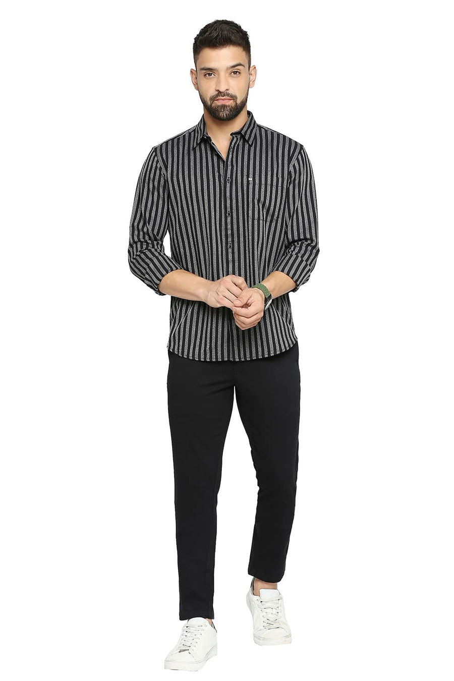 BASICS SLIM FIT METEORITE BLACK COTTON STRIPE SHIRT