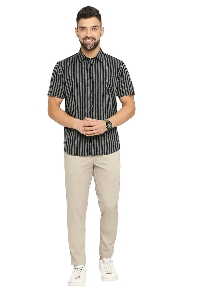 BASICS SLIM FIT COTTON STRIPE HALFSLEEVES SHIRT