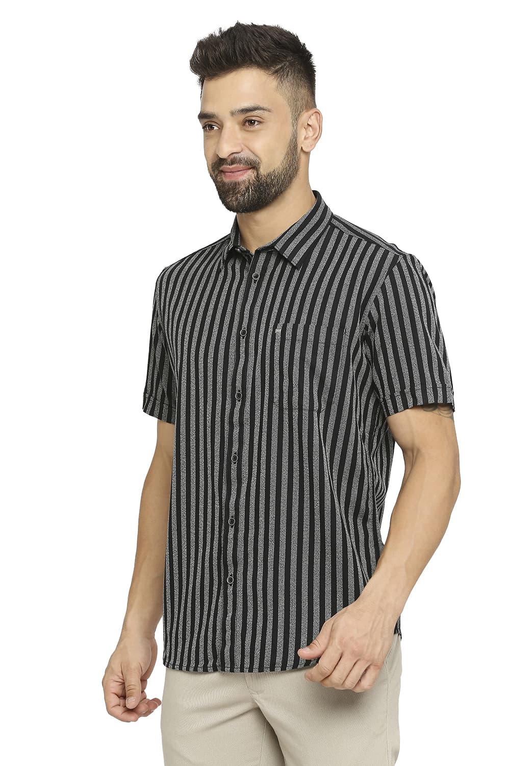 BASICS SLIM FIT COTTON STRIPE HALFSLEEVES SHIRT