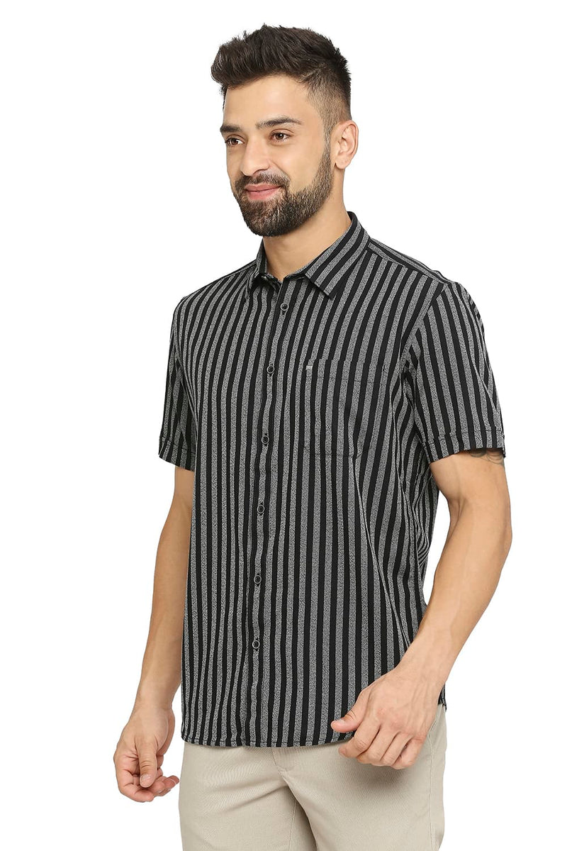 BASICS SLIM FIT COTTON STRIPE HALFSLEEVES SHIRT