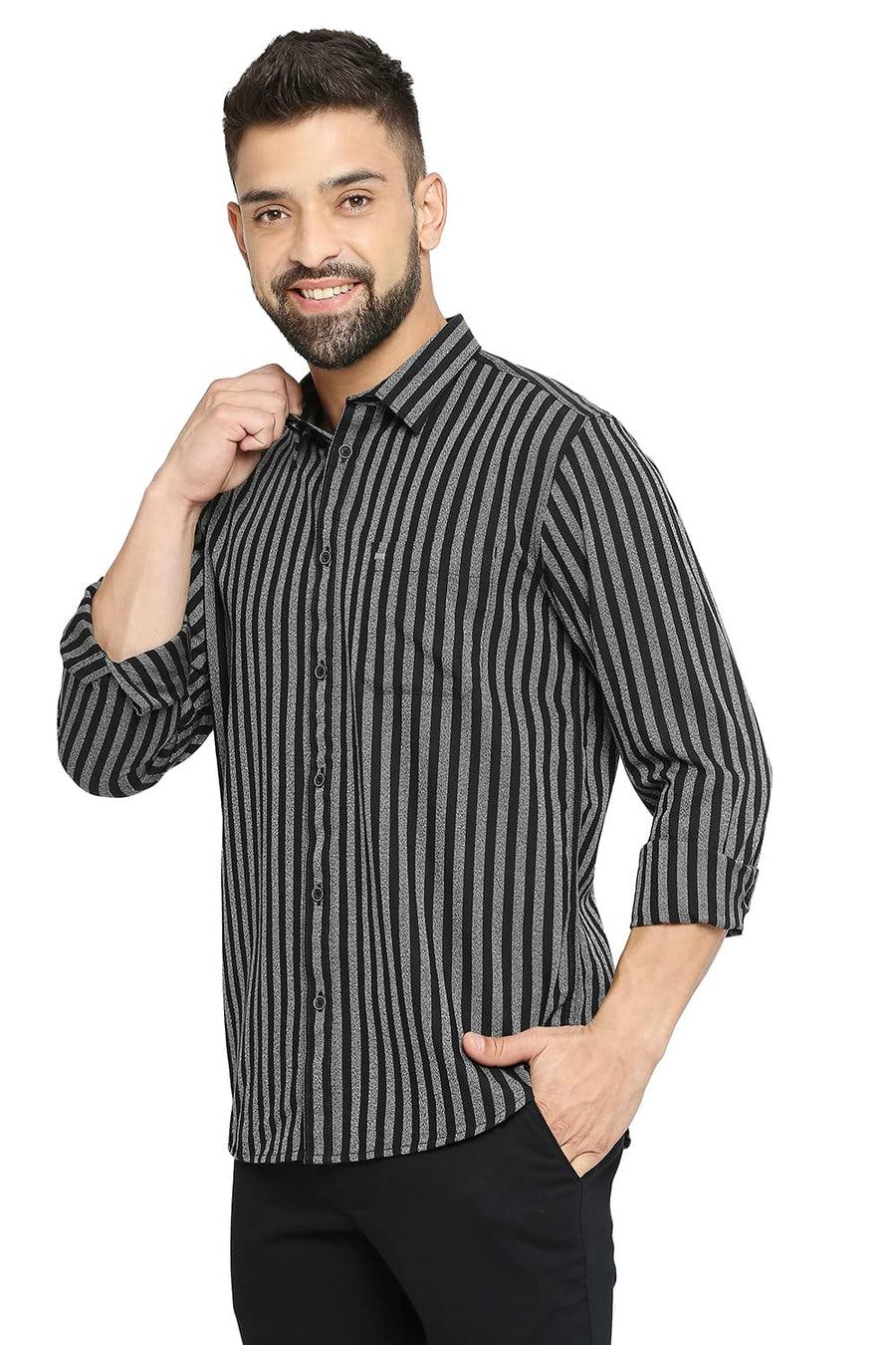 BASICS SLIM FIT METEORITE BLACK COTTON STRIPE SHIRT