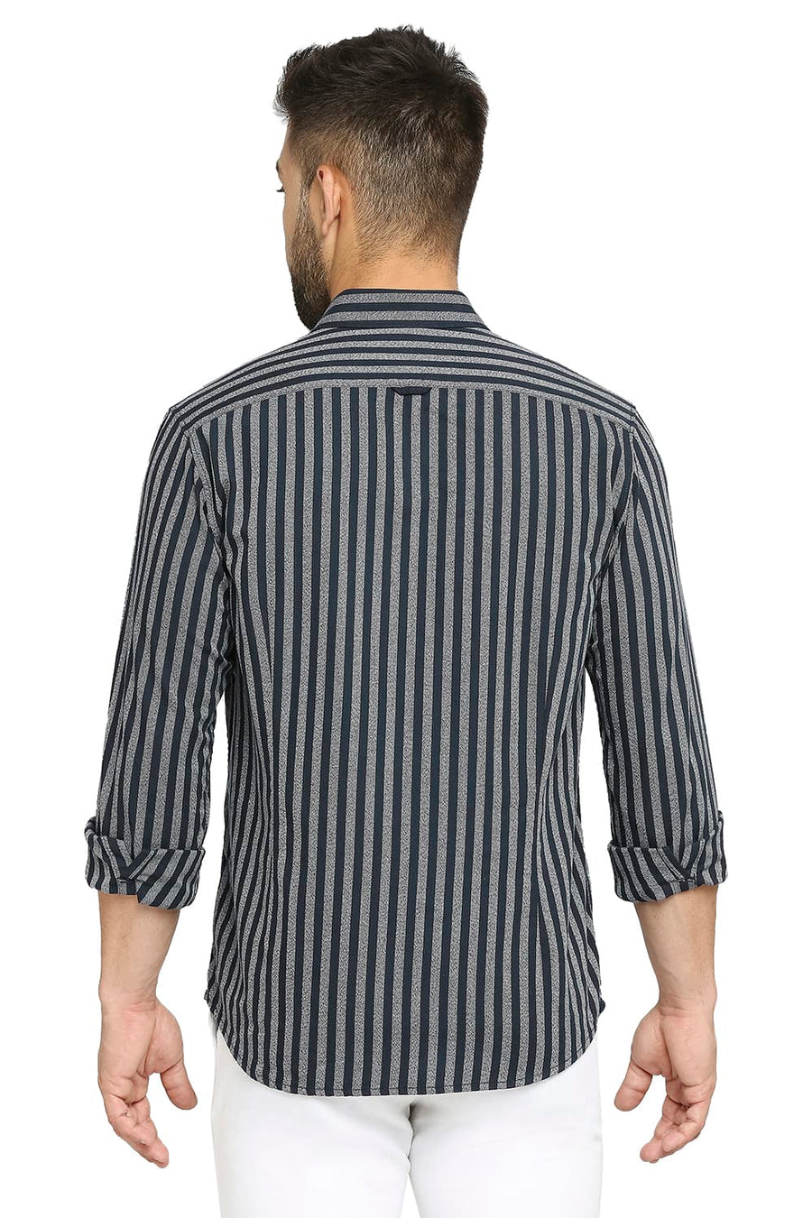 BASICS SLIM FIT MOONLIT OCEAN NAVY COTTON STRIPE SHIRT