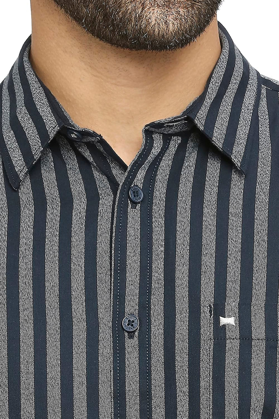 BASICS SLIM FIT MOONLIT OCEAN NAVY COTTON STRIPE SHIRT