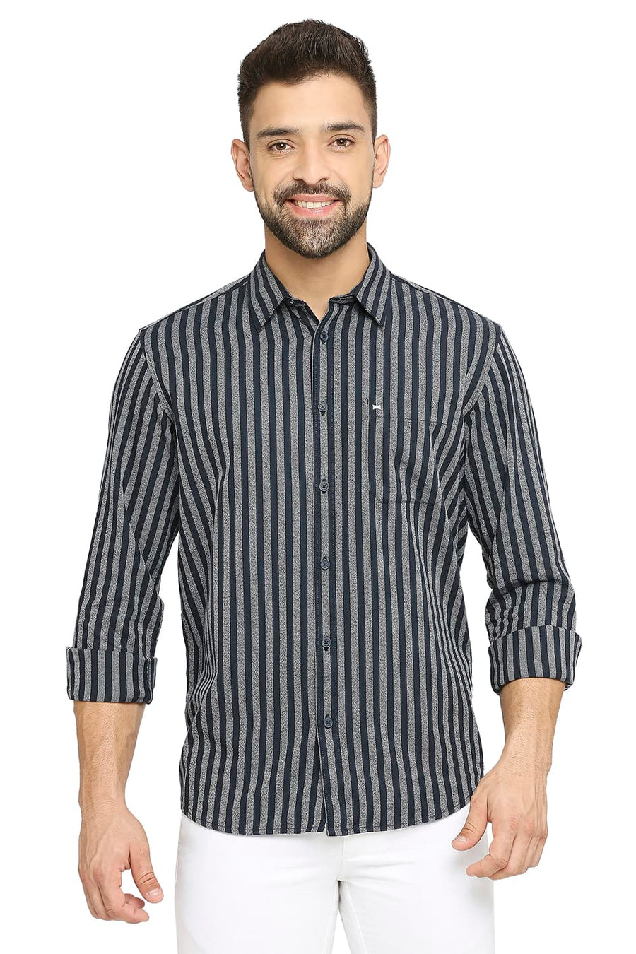 BASICS SLIM FIT MOONLIT OCEAN NAVY COTTON STRIPE SHIRT