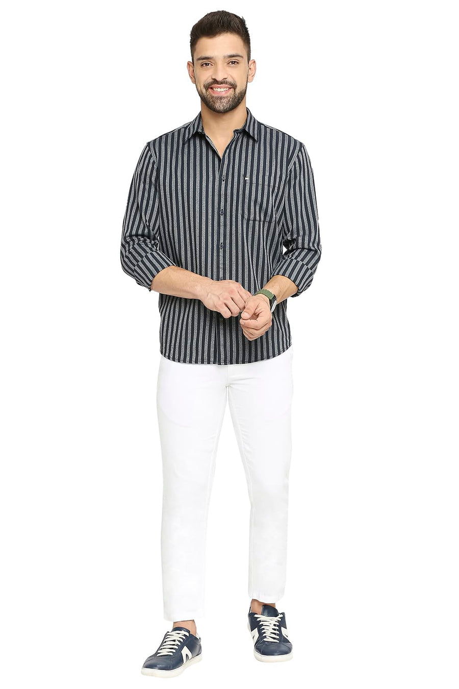 BASICS SLIM FIT MOONLIT OCEAN NAVY COTTON STRIPE SHIRT