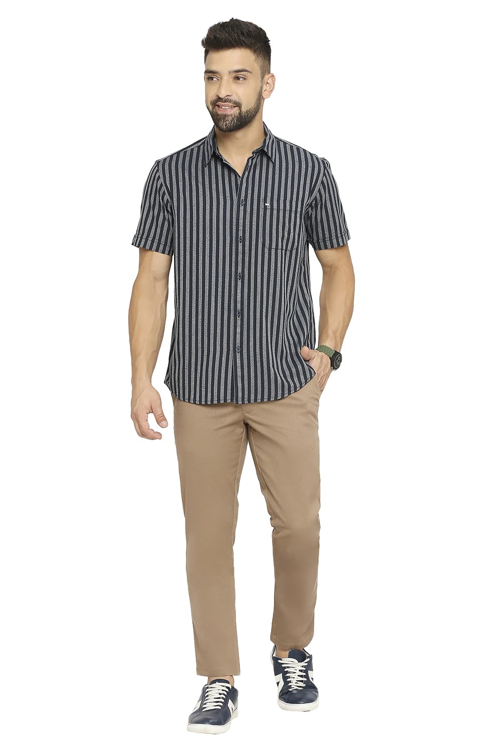 BASICS SLIM FIT COTTON STRIPE HALFSLEEVES SHIRT