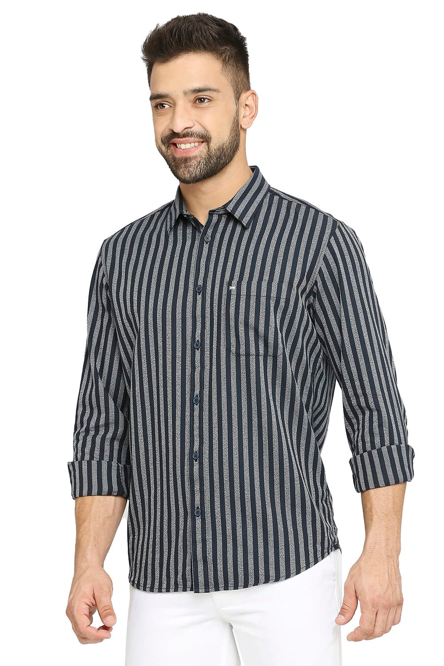 BASICS SLIM FIT MOONLIT OCEAN NAVY COTTON STRIPE SHIRT
