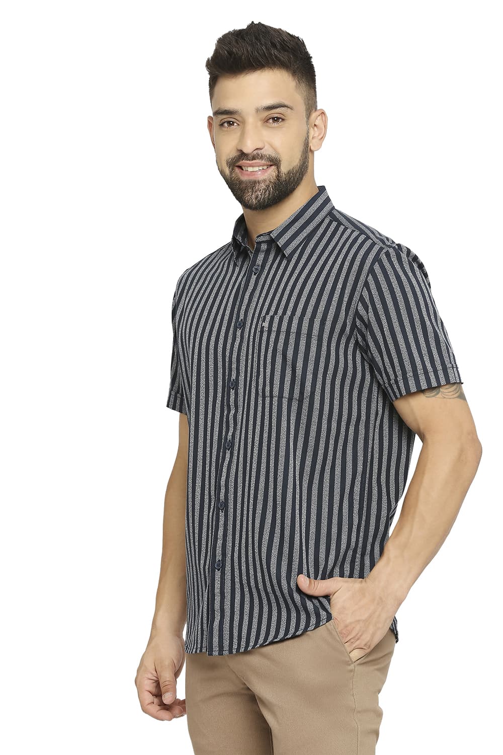 BASICS SLIM FIT COTTON STRIPE HALFSLEEVES SHIRT