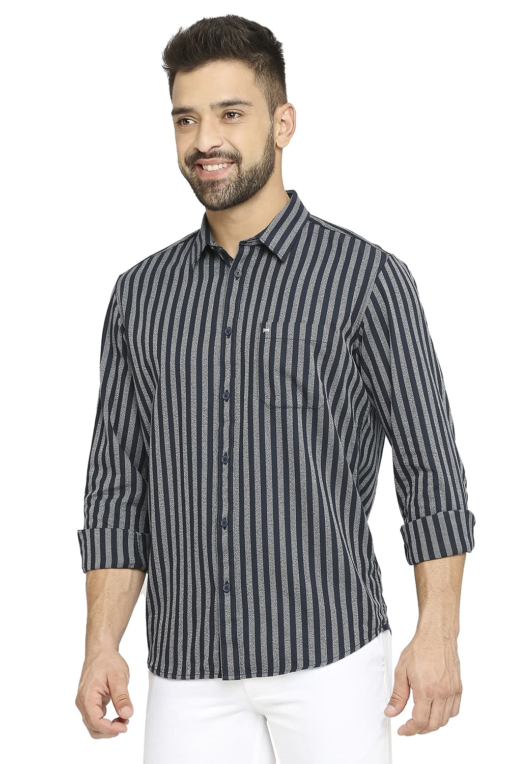 BASICS SLIM FIT COTTON STRIPE SHIRT