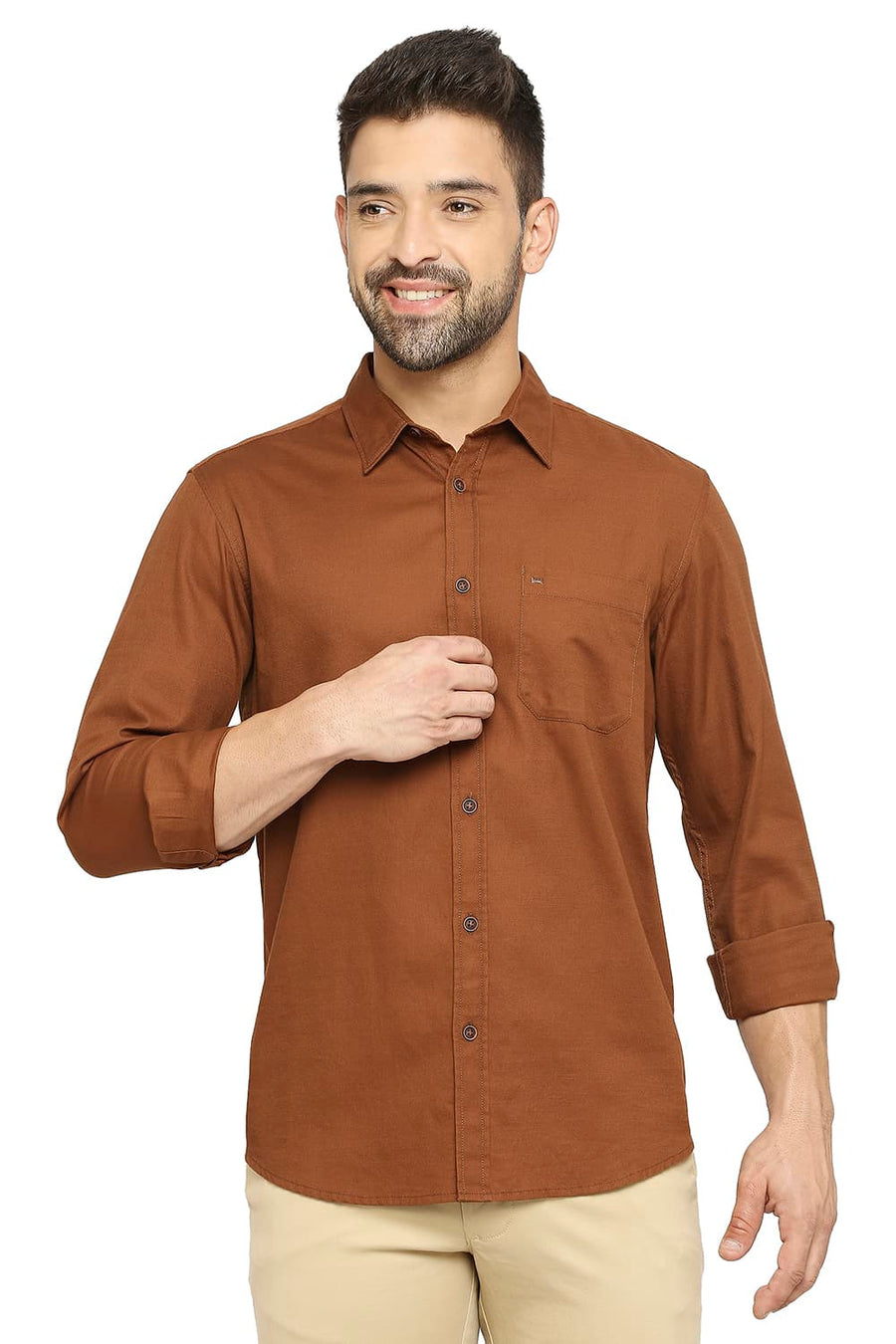 BASICS SLIM FIT TOFFEE BROWN COTTON BROKEN TWILL SHIRT