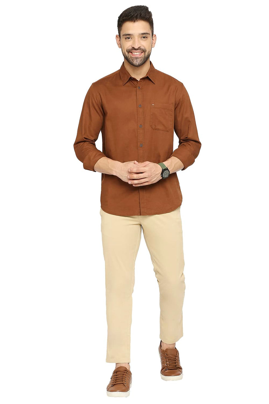 BASICS SLIM FIT TOFFEE BROWN COTTON BROKEN TWILL SHIRT