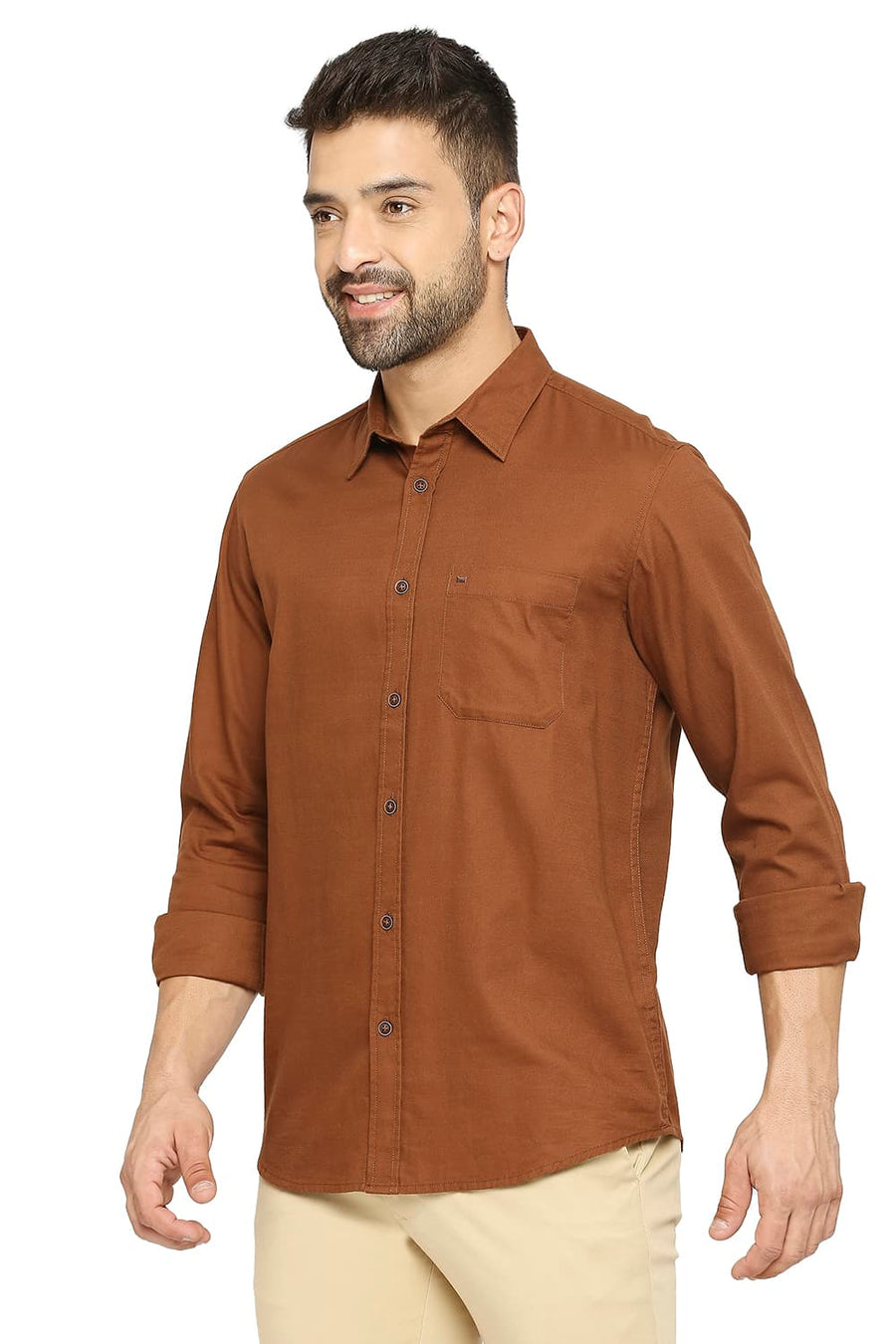 BASICS SLIM FIT TOFFEE BROWN COTTON BROKEN TWILL SHIRT